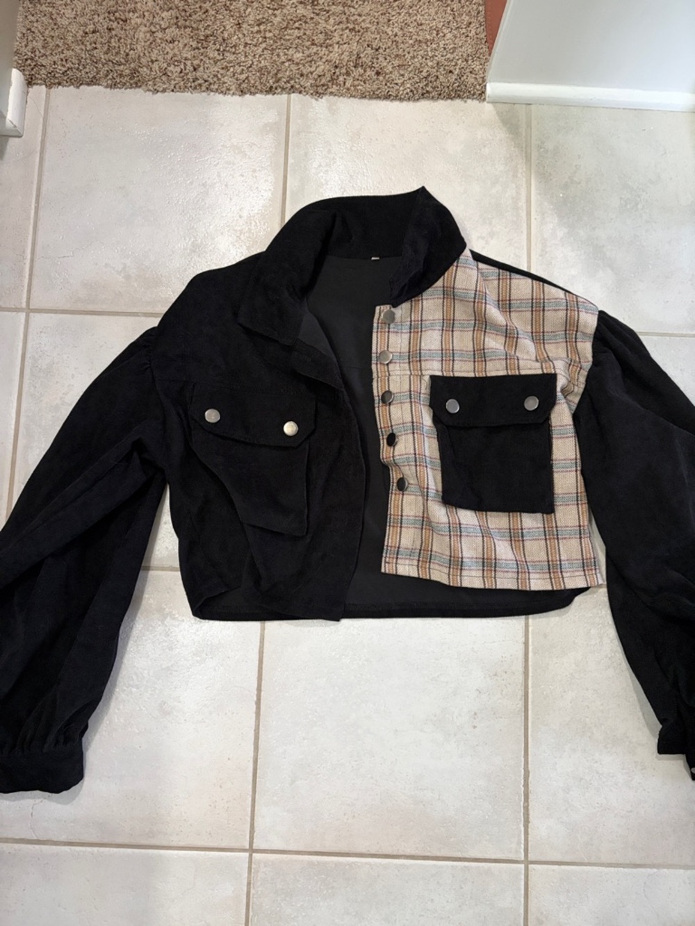 Black Cropped Jacket with Plaid Panel